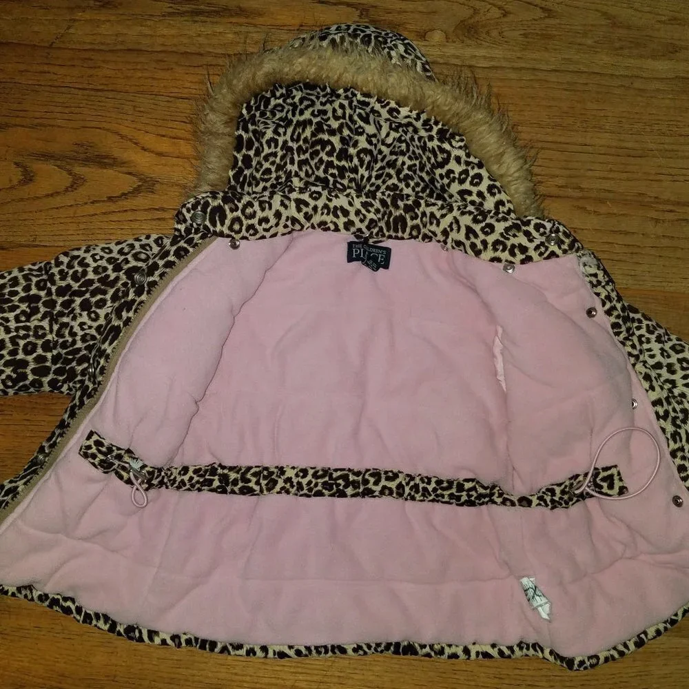The Children's Place Leopard Print Hooded Coat Pink Fleece Lined 3T AS IS
